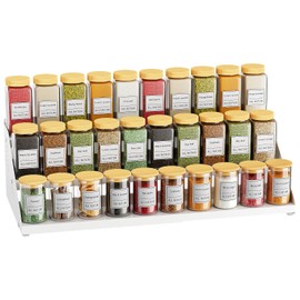 Spice Rack with 3 Levels, Kitchen Shelf Organiser, Spice Organiser, Expandable Metal Cabinet Organiser Kitchen from 34 cm to 55 cm, for Worktop, Kitchen, Dining Room, White