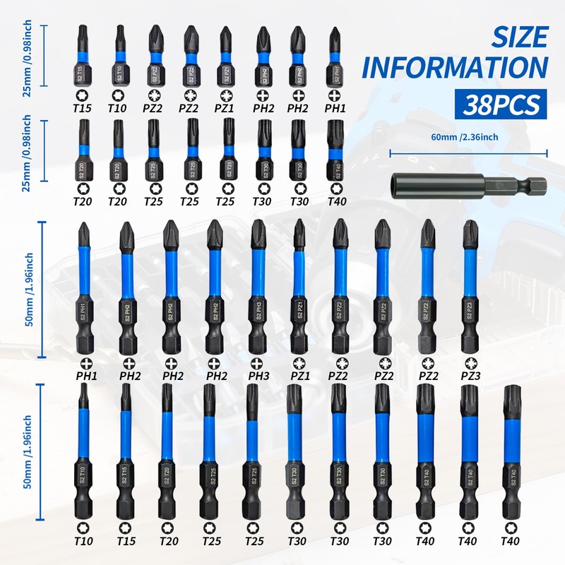 38pcs Impact Driver Bit Set, Magnetic S2 Screwdriver Bit Set,