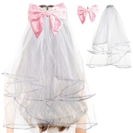 Coquette Bridal Shower Decor - SET OF 2: Short White Tulle Veil & Soft Satin Light Pink Bow Clip - Tying the Knot Bachelorette Party - Coquette Bridal Hair Accessories - BowVeil (Pink)