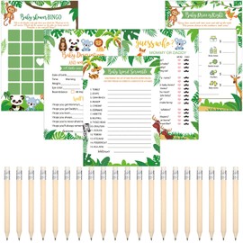Yinder 145 Pieces Baby Shower Games for Boy or Girl Game Activities Cards with 20 Pencils Includes Baby Bingo Description and Wishes Guess Who Baby Price is Right, Word Scramble Game(Forest Style)