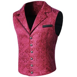 chmakmt Mens Victorian Steampunk Gothic Paisley Printed Single Breasted V-Neck Suit Vest/Tuxedo Waistcoat, Red, XX-Large
