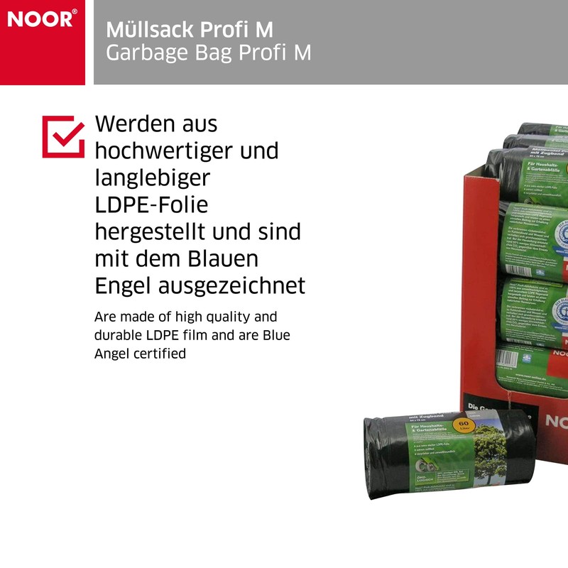 NOOR Müllsack Profi ‘M’ 60 L I Schwarze, recycelbare Müllsäcke