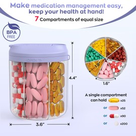 Hionxmga Pill Dispenser with 7 Large Compartments, Pill Organizer for Travel, Supplement Organizer with Anti-Mixing Design, BPA-Free Pill Container with 20 Pcs Labels, Purple
