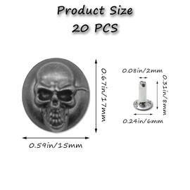 Niuhong 20 Pieces Skull Head Rivets Spikes 3D Skull Button Rivets Hollow Rivets Leather Rivets Punk Decorative Metal Rivets Conchos Craft Bags Belt Clothing DIY Leather Craft Accessories (B)