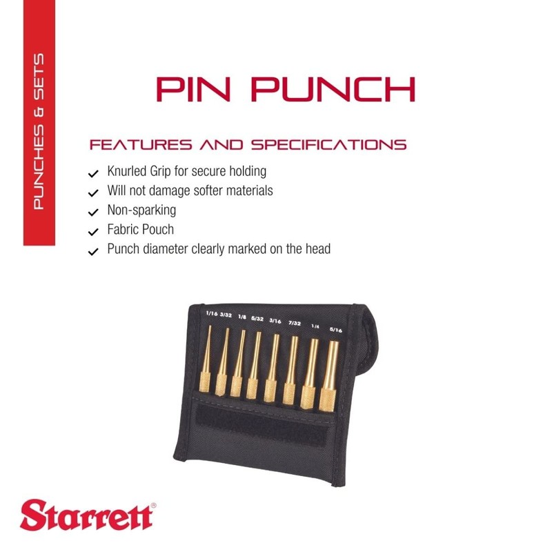 Starrett SB565Z Brass Drive Pin Punches Set, 8 Pieces