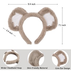 Plush Koala Costume Accessories Set, Furry Ears Headband with Tail and Bow, Gray