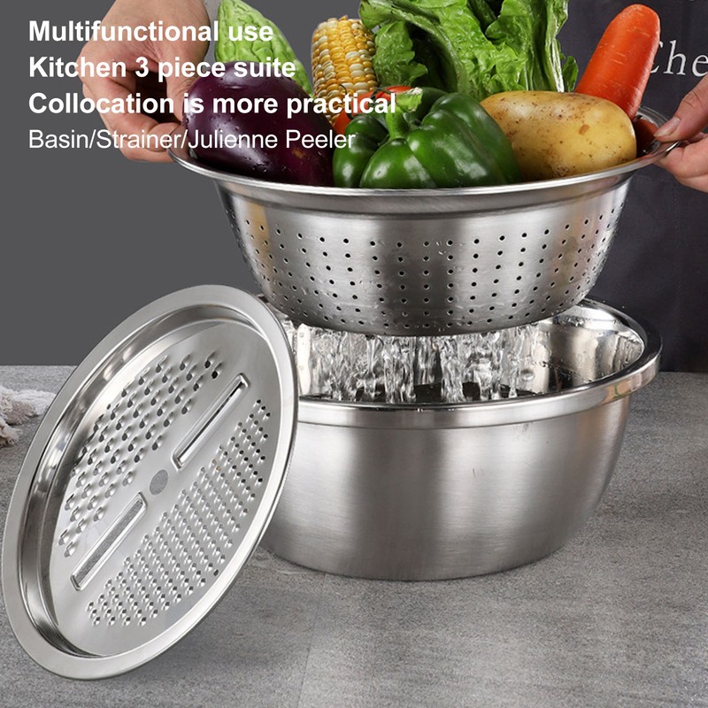 3pcs Stainless Steel Drain Basket Vegetable Cutter 3 in 1