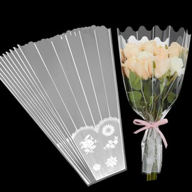 LATERN 100Pcs Flower Bouquet Bag, 45CM Plastic Flower Wrapping Bags Clear Floral Bouquet Cellophane Sleeve with Strip and Lace Decor for Birthday Wedding Valentine's Day Mother's Day (Silver back)