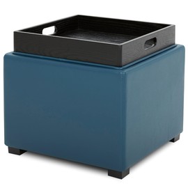 CHITA Storage Ottoman Cube with Tray, Footrest Stool Seat Serve as Side Table, PU Leather in Dark Blue