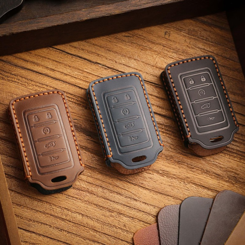 for Jeep Leather Key Fob Cover with Keychain (Brown, 5