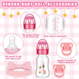 Blushtier 3 Pieces Reborn Baby Doll Accessories, Include Baby Doll Bottles, Magnetic Pacifier and Baby Doll Headband Feeding Bottle for Reborn Dolls (Pink,Giraffe Pattern)