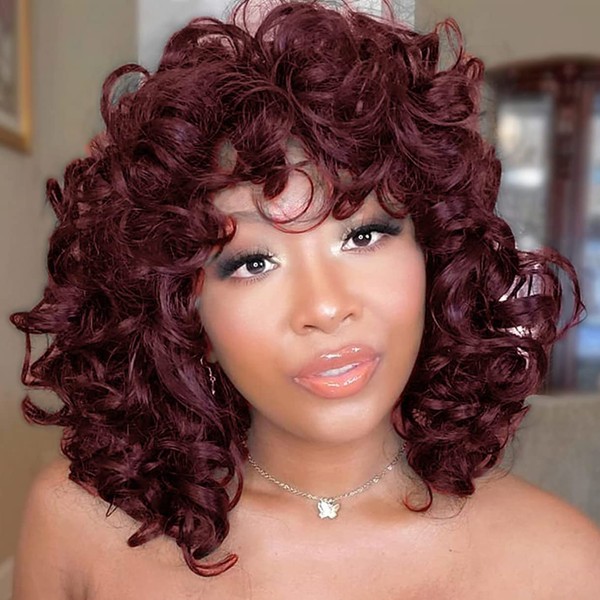ELIM Curly Wigs for Black Women Burgundy Short Kinky Curly Red Wigs for Women Big Curly Afro Soft Wig with Bangs Heat Resistant Natural Cute Synthetic Wig with Accessories Z014F
