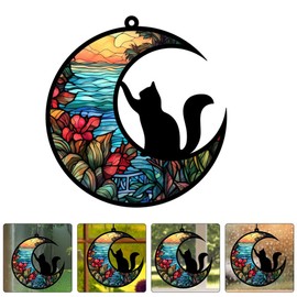 Happyyami Cat on Moon Suncatcher Acrylic Angel Moon Windows Hanging Decoration Black Cat Car Pendant Ornament Kitten Lover Memorial Gifts