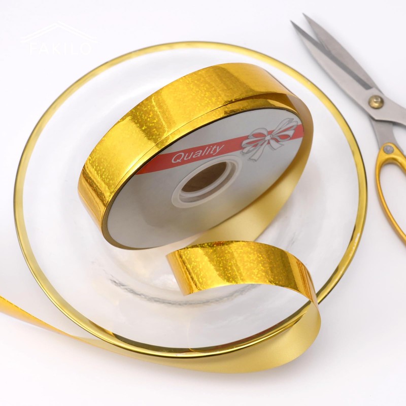 FAKILO 2.5cm x 100Yards Gold Laser Curling Ribbon, Waterproof Outdoor