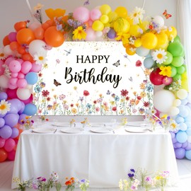 Avezano Wildflower Birthday Banner Wildflower Happy Birthday Party Decorations for Girls Backdrop Spring Butterfly Floral B-day Party Supplies (6x3.6ft)