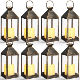 Kittmip 8 Pcs 10.6 Inch Decorative Candle Lanterns Bulk for Centerpieces Wedding Indoor Outdoor with LED Flameless Flickering Candle Hanging Farmhouse Lanterns Battery Powered for Party(Bronze)