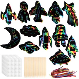 PEUTIER 72pcs Outer Space Rainbow Scratch Cards, Space Scratch Paper Rocket Scratch Note with Stick Rope Dot Stickers Paper Art for Kids School Classroom Activities Home Decoration for Boys and Girls