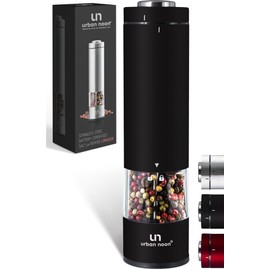 Electric Salt and Pepper Grinder - Battery Operated Stainless Steel Pepper Mill with Light (Black) - Automatic One Handed Operation - Electronic Adjustable Shaker - Ceramic Grinder