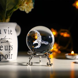 HDCRYSTALGIFTS Engraved Eagle Crystal Ball Paperweight with Stand 60mm 3D Laser Etched Glass Spheres Decorative Balls(Clear)