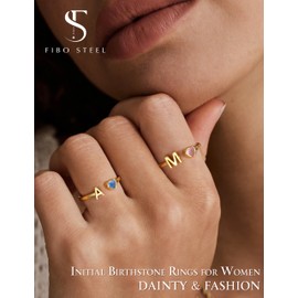 FIBO STEEL Initial Birthstone Rings for Women - 14K Gold Plated Sterling Silver Rings - Adjustable Stackable Dainty Gold Heart Cubic Zirconia Letter Ring Birthday Bridesmaid Gifts Jewelry A March