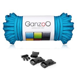 Ganzoo Paracord 550 Rope Set with 3 x Click Fasteners 3/8 Inch 10 mm Strap/Cord 4 mm, Nylon - Polyester, Type 3, 30 Metres, Outdoor Cord, All-purpose Rope, Bracelet Knotting, Crafts, Light Blue