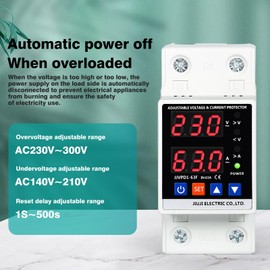 Jadeshay Surge Protection and Undervoltage Protection, 2P 63A 230V Dual Display Adjustable Over-Under Voltage Protection Device Overcurrent Protection Device DIN Rails Surge Protection DIN Rail