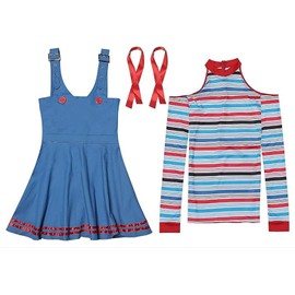 Diki Home Halloween Cosplay, Child Play, Chucky Costume, Clown Horror Doll, 4 Piece Set, Women's, Girls, Chucky Costume, Scary, Horror, Event Costume, Parties, White High Socks, Includes Random Tattoo, M-3XL (L)