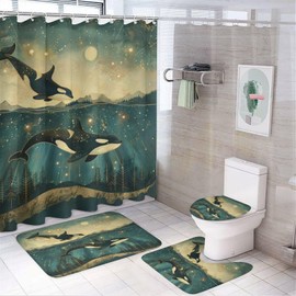 4Pcs Underwater Orcas Whale Shower Curtain, Starry Sky Star Moon Shower Curtain Sets with Toilet Lid Cover, U-Shaped Mat and Non-Slip Rugs, Bathroom Decor Set, 72" x 72"