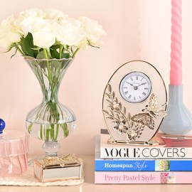 Sophia Classic Collection - Gold Butterfly Quartz Mantel Clock with Embossed Floral Design. Beautiful Home Decor Gifting for Living Room, Bedroom or Dining Room. H:16.5 x W:12.5 x D:4.5 cm