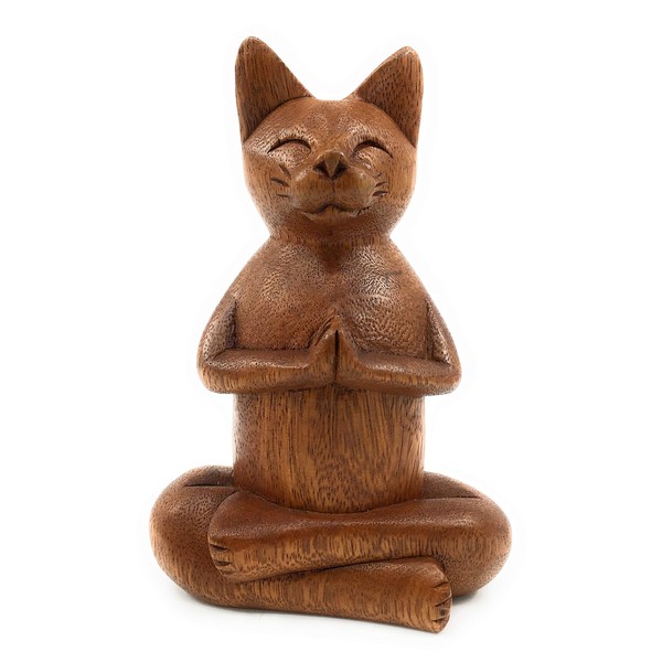Ruth + Wilde Namaste Cat - Hand Carved Wood from Bali - Yoga Buddha Zen Cat