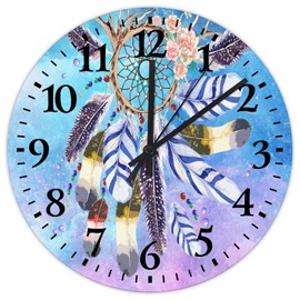 Minimalist Wood Clock Analog Round Non-Ticking Boho Moon Dream Catcher Feather Modern Wall Clocks Galaxy Outerspace Nebula Prints Wall Decor for Workshop Patio Auto Shop 10 Inch