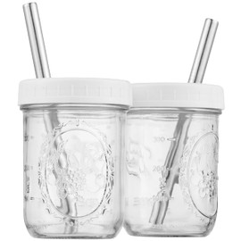 Reusable Wide Mouth Smoothie Boba Tea Cups Bubble Tea Cups with Lids and Silver Straws Mason Jars Glass Cups (2-pack, 16 oz mason jars)