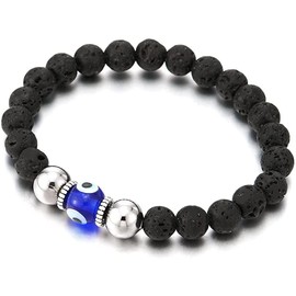 Fuqimanman2020 Glass Evil Eye Stretch Bracelet Natual Stone Gemstones Mala Lava Rock Healing Crystal Quartz Elastic Unisex Protection Prayer Jewelry-Blue