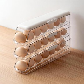 PAVSTINE 3-Tier Auto Rolling Egg Holder with Lid for Fridge, Clear