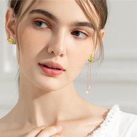 GW 925 Sterling Silver Earrings for Women, 14k Gold Plated Champagne Dangle Drops Earrings Tassel Asymmetric Butterfly Ear Stud, Gold Dangle Earrings for Women Trendy for Wife/Daughter/Girlfriend