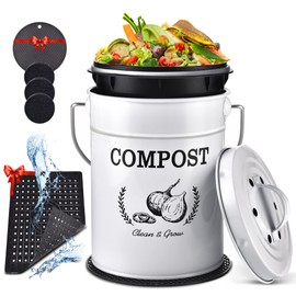 AOSION Kitchen Compost Bin Counter,1.0 Gallon Indoor Compost Bin with Lid,Compost Bucket Countertop Composter Container with 3pcs Charcoal Filters,Non-Slip Mat,Drainage Mat,White