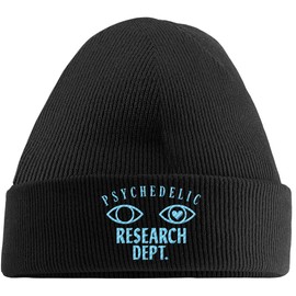 Hippowarehouse Psychedelic Research Dept Embroidered Beanie Hat Black with Baby Blue Stitch