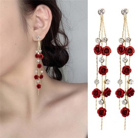 Inateannal Boho Flower Dangle Earrings Red Rose Tassel Chain Earrings Long Cubic Zirconia Drop Stud Earrings Wedding Cz Flower Earrings Jewelry for Women and Girls