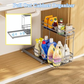 Zufudo 1 Pack Under Sink Organizers and Storage, 2 Tier Pull Out Cabinet Organizer, Metal Sliding Drawer Storage for Kitchen Bathroom，Gray