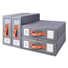 SHOMPE Bed Sheet Organizers and Storage 4 Pack, Foldable Sheet Organizer with Window and Label for Linen Closet, Under Bed Storage Organizing Bedding Container with Leather Handle, Gray