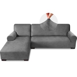 Pfrstuv Sectional Couch Covers, Leather Look Sofa Cover L Shape 2PCS Soft Stretch Slipcover for Sectional Sofa, Non Slip Furniture Protector (3 Seat Sofa + 3 Seat Right Chaise, Grey)