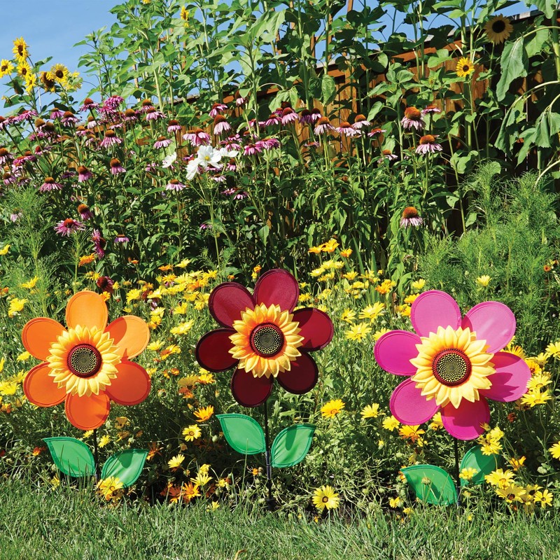 In the Breeze 2705 Pink Sunflower Wind Spinner with Leaves,