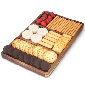 16"x10" Large Wooden Serving Tray with Dividers Fruit Platter for Parties Food Trays for Veggie,Cookies,Cheese Dip Divided Tray Snack Plate Candy Dish Dessert Wood Condiment Sectional Party Platters