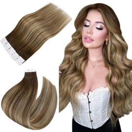 Easyouth 4/27/4 Real Hair Extensions, Tape-In, Balayage, Medium Brown Mix, Honey Blonde and Medium Brown, Remy Real Hair, 50 cm, 50 g