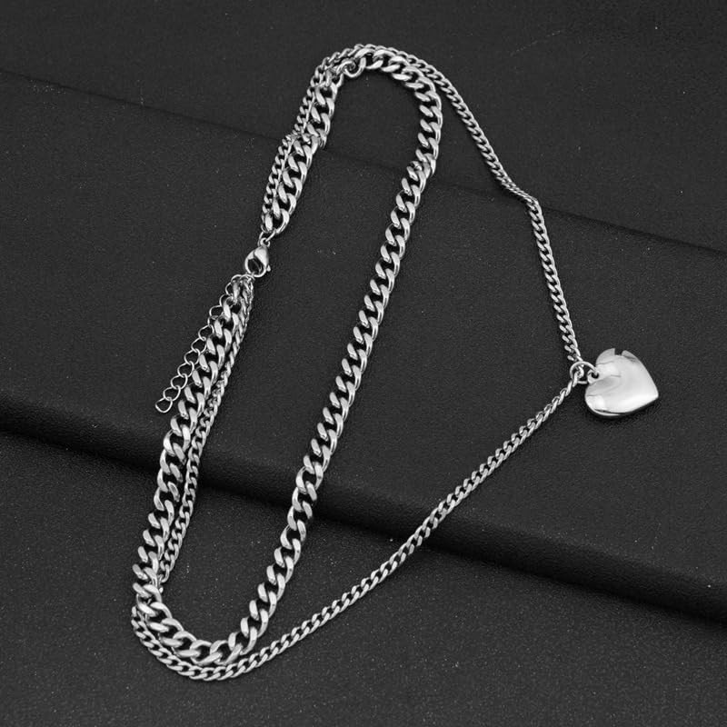 AREUM Necklace, Heart, Double Chain, High Visibility, Stainless Steel, Stackable,