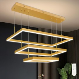 Mccokaige Gold Modern Led Chandelier - 3 Ring Adjustable Ring Light, Dimmable Rectangular Pendant Light for Living Room, Dining, Kitchen Island