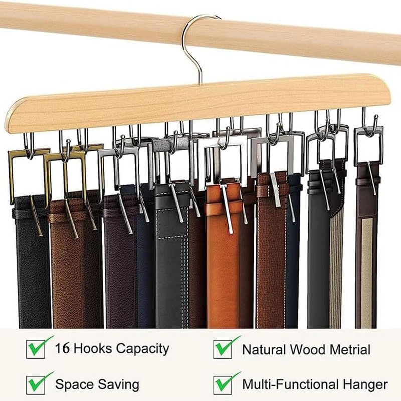 16 Hooks Wooden Belt Hanger, 360 Degree Rotating Space Saving