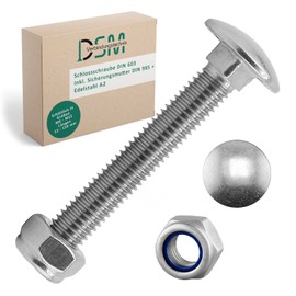 DSM - Carriage Bolts M10 x 20 mm DIN 603 - M10 Locking Nut DIN 985 - A2/V2A Stainless Steel - Square Head Screws - Self-Locking Stop Nuts with Clamping Part - Pack of 10