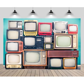 CHNYWORK 7ftx5ft Retro TV Backdrop Wooden Television Stand with TV Receivers Set from Circa 60s, 70s and 80s Mint Blue Wall Background for Retro Party Decor Nostalgic Photoshoot Props Wallpaper