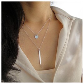Cimenexe Bohemian Layered Coin Necklace Vintage Bar Pendant Necklace Silver Tiny Disc Chain Necklace Vertical Bar Necklace Jewellery for Women and Girls Gifts